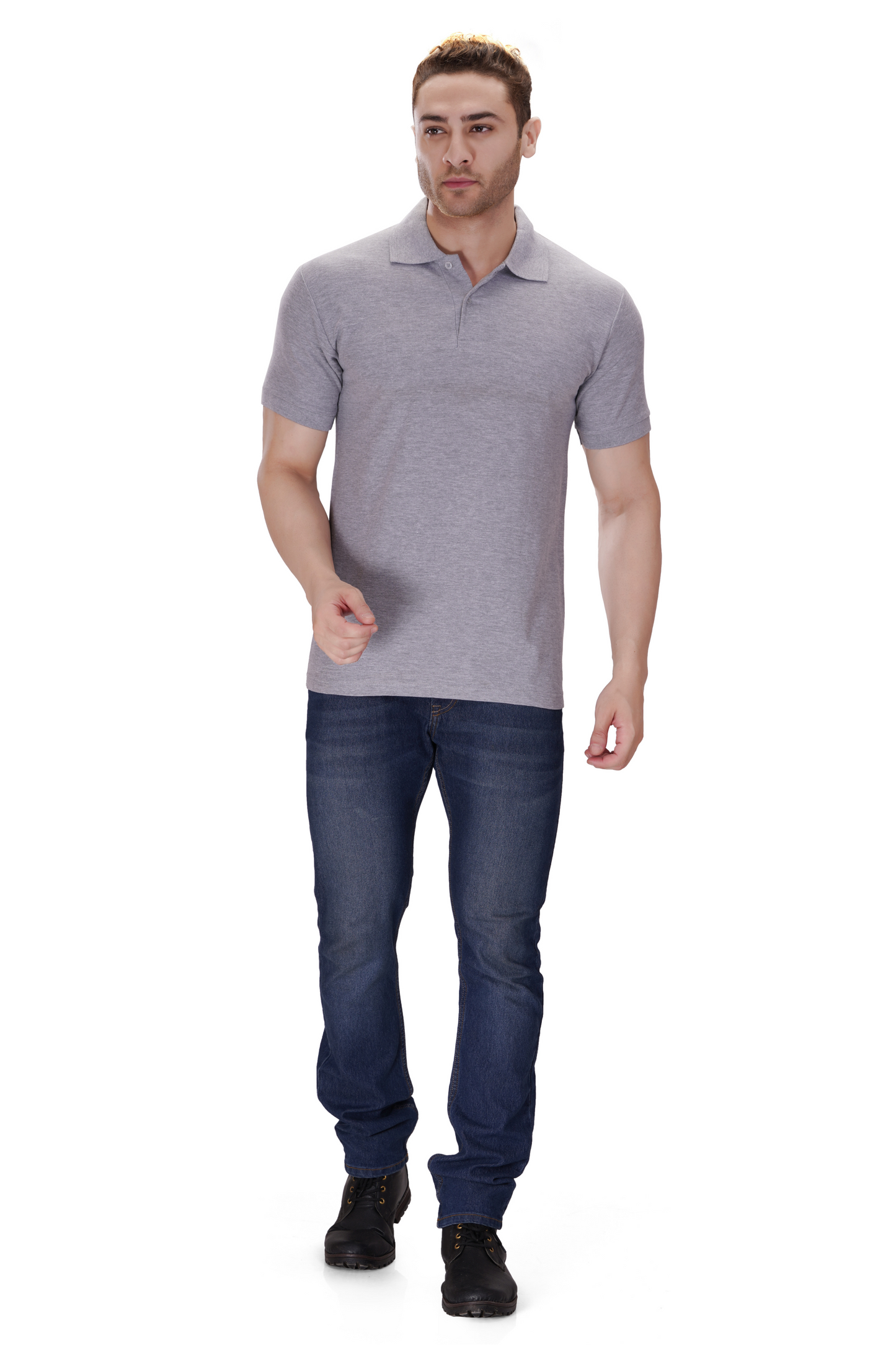 100% Cotton Men’s Half Sleeve Polo Neck T-Shirt - Grey Melange