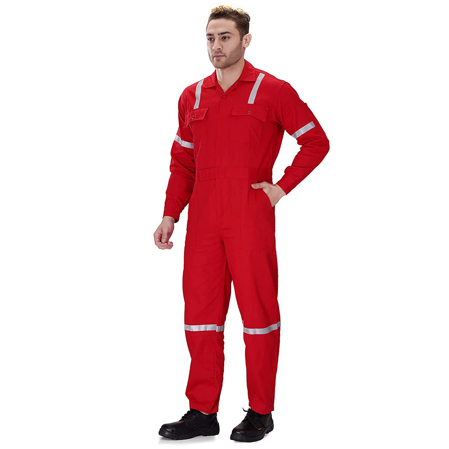 100% Cotton Hi-Visibility Industrial Coverall Boiler Suit with Grey Reflective Tape overcoat - Red