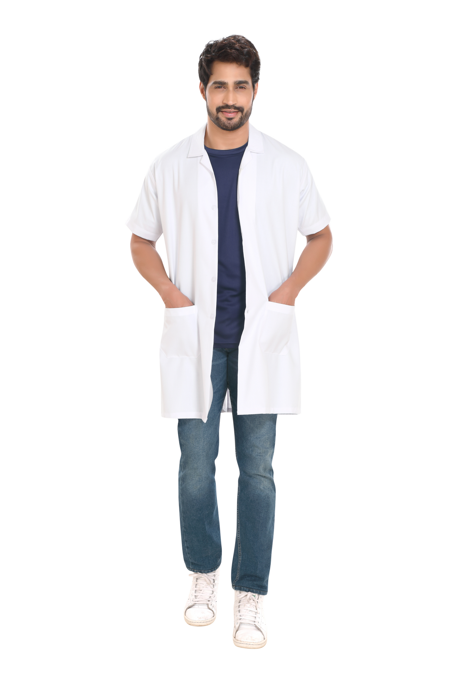 Cotton Unisex Apron Lab Coat - Knee Length - Half Sleeves - White