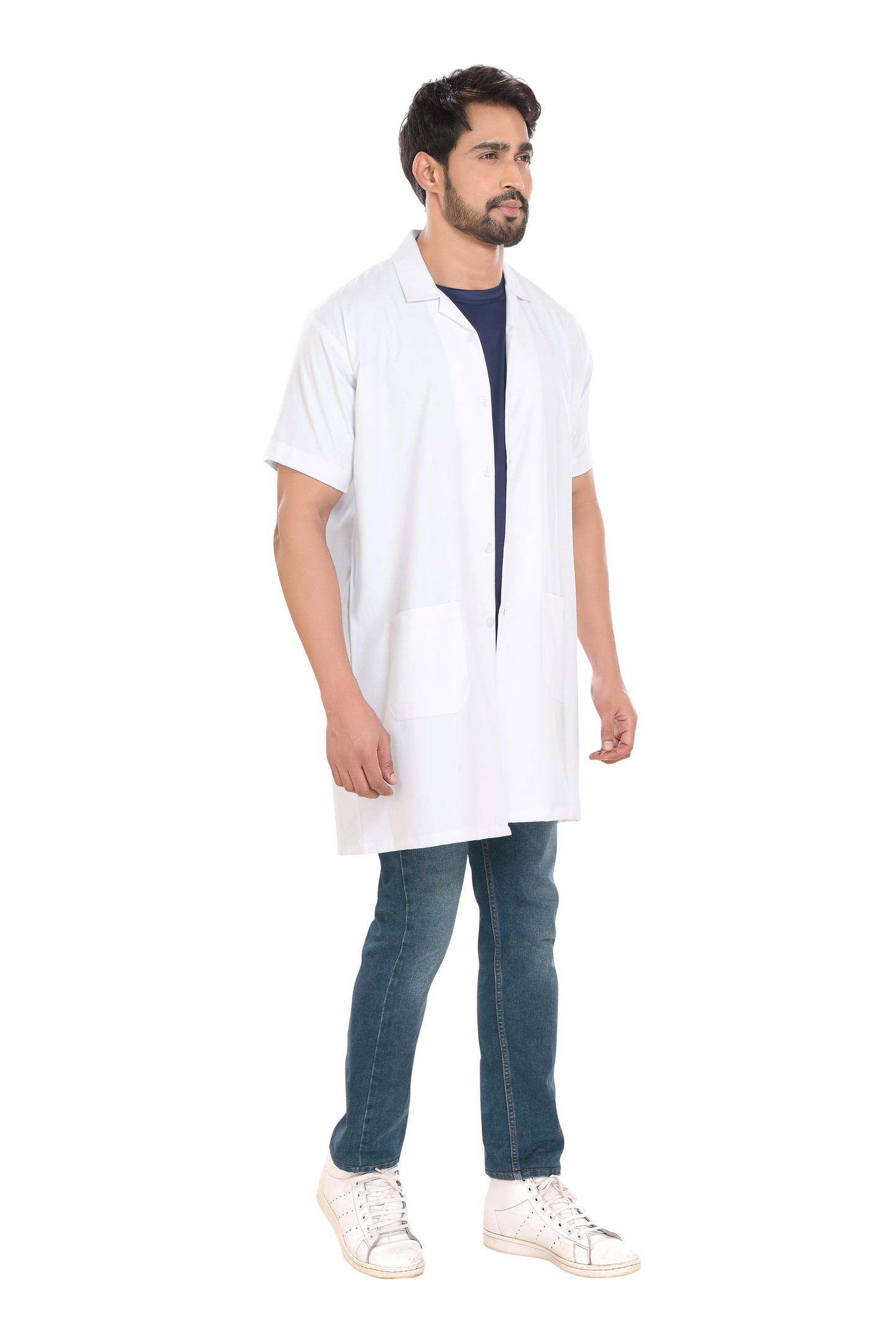 Cotton Unisex Apron Lab Coat - Knee Length - Half Sleeves - White