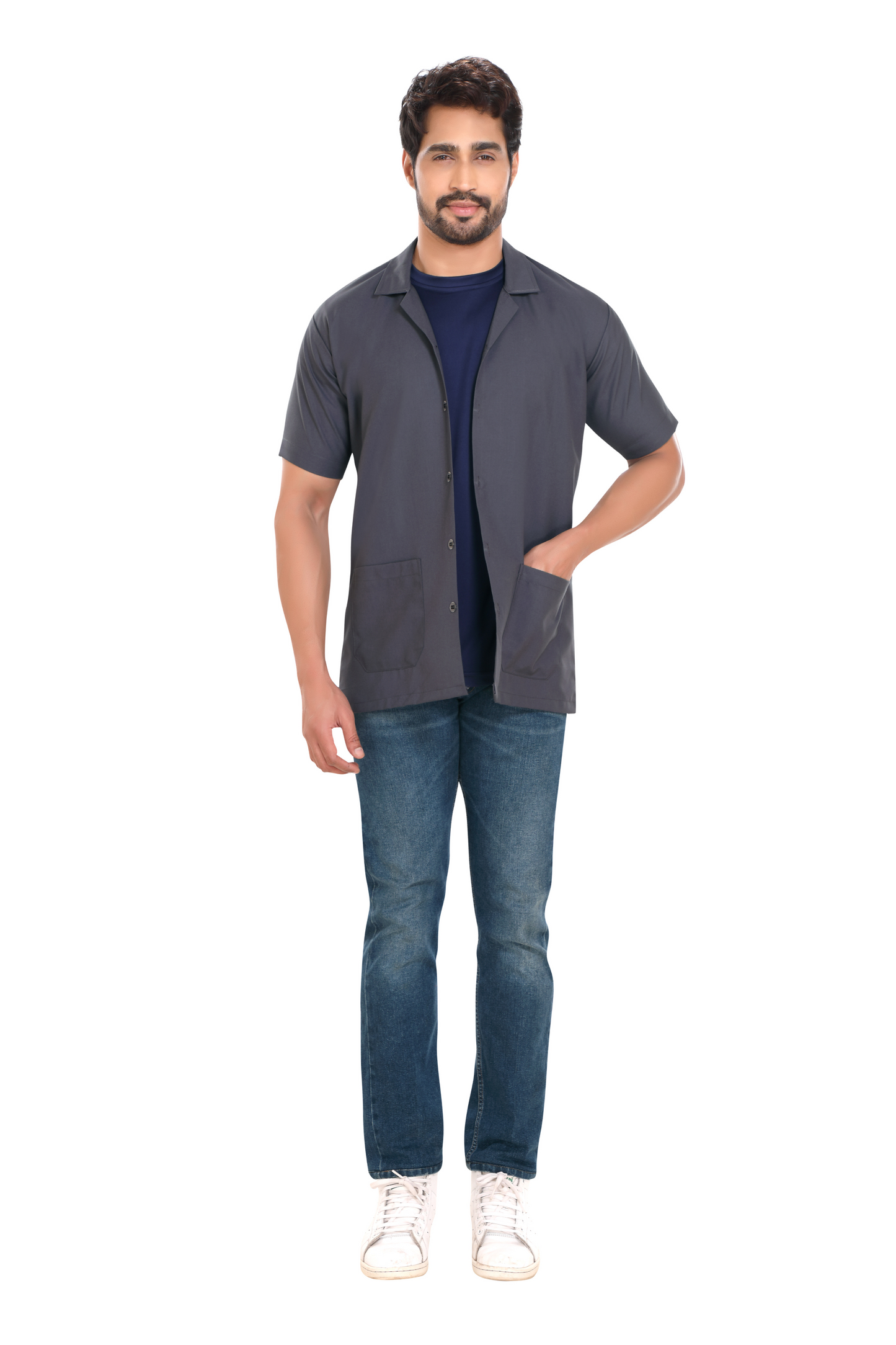 Cotton Unisex Apron Lab Coat - Regular Length - Half Sleeves - Grey