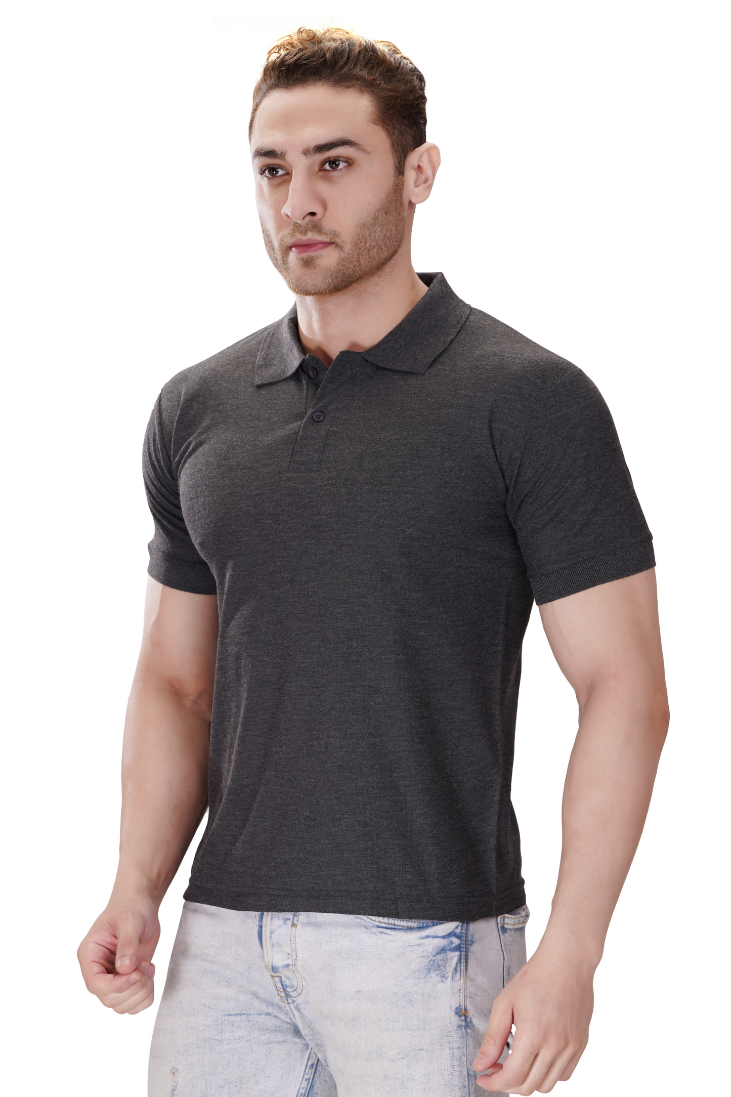 100% Cotton Men’s Half Sleeve Polo Neck T-Shirt - Charcoal Melange