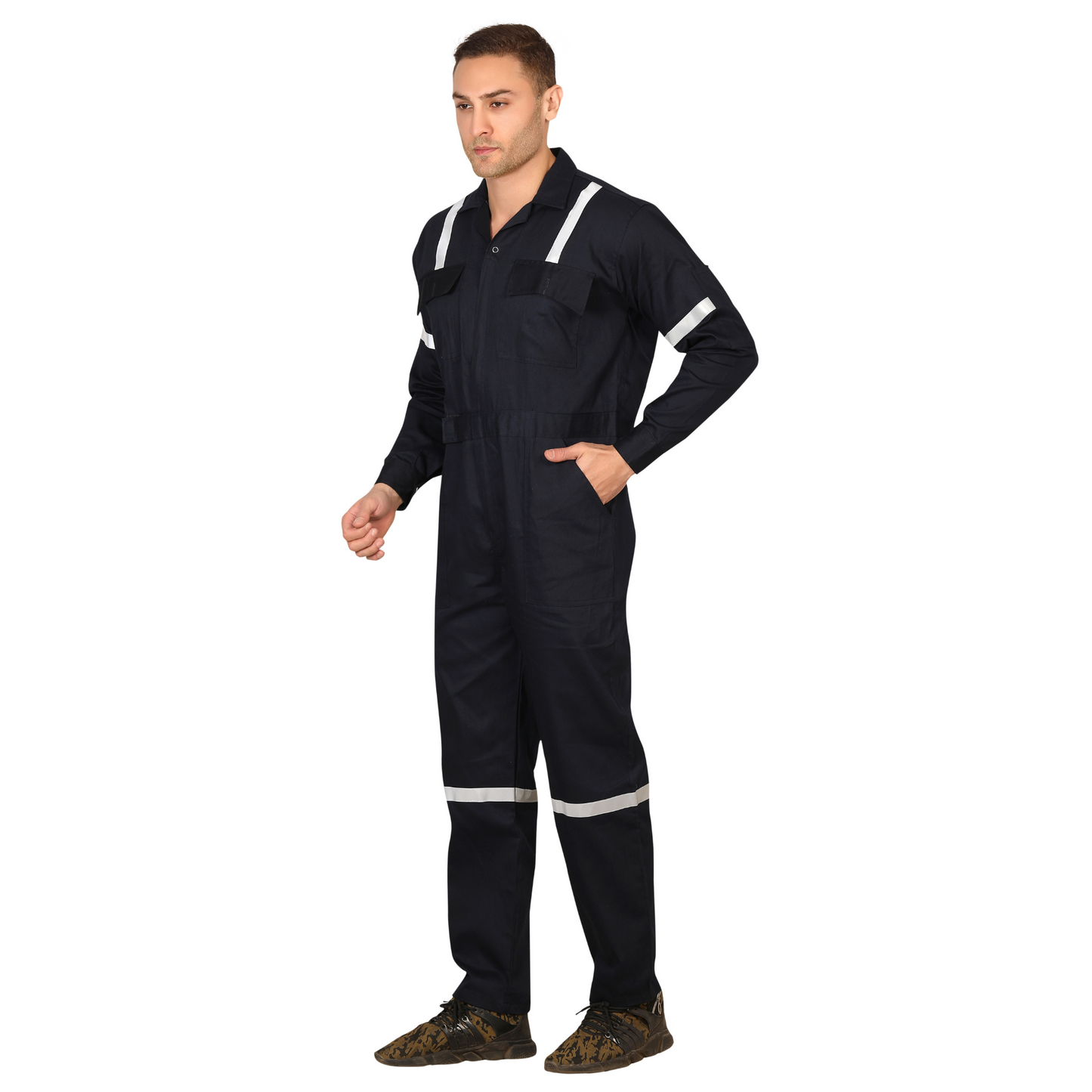 100% Cotton Hi-Visibility Industrial Coverall Boiler Suit with Grey Reflective Tape overcoat - Navy Blue