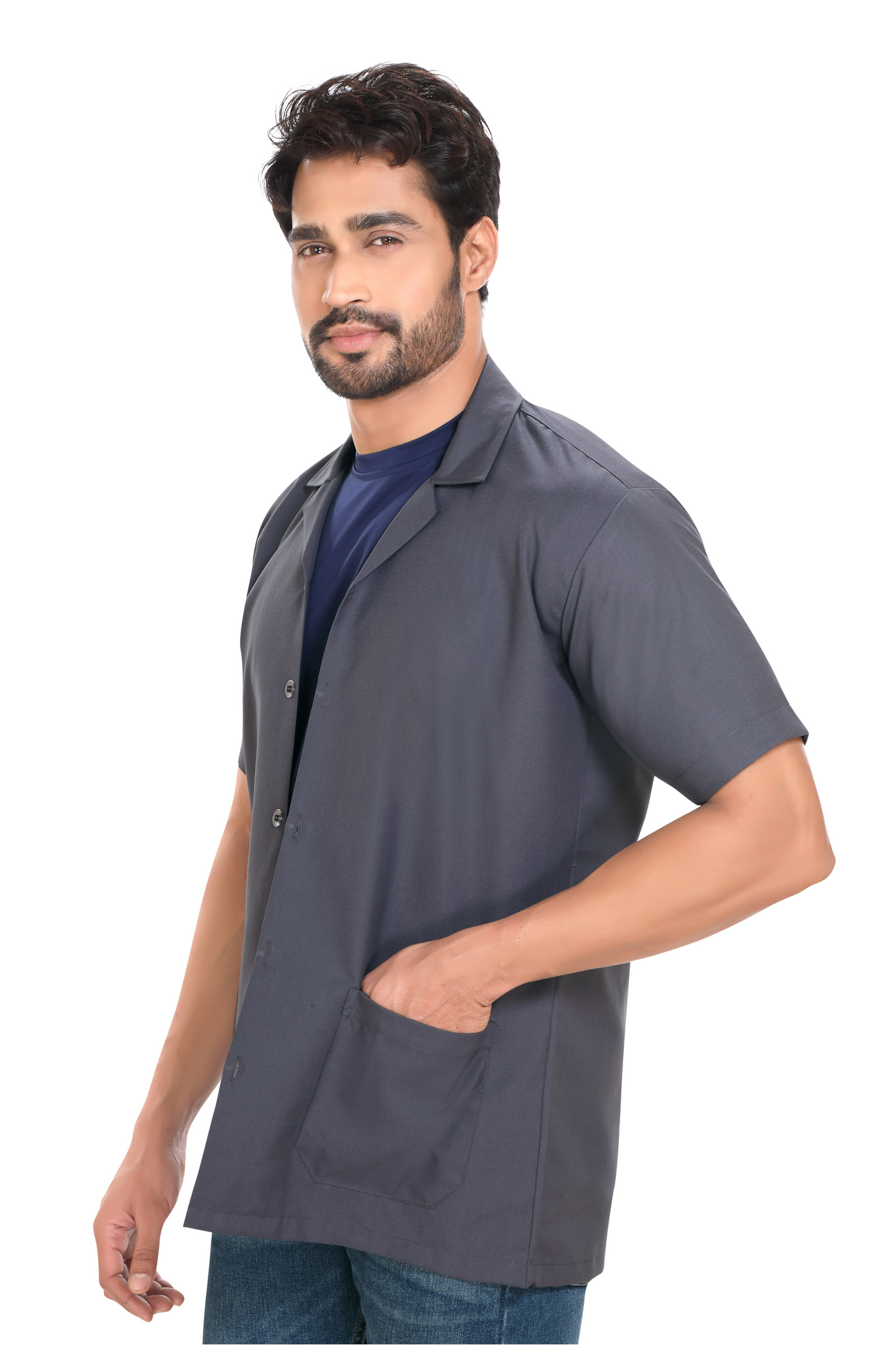 Cotton Unisex Apron Lab Coat - Regular Length - Half Sleeves - Grey