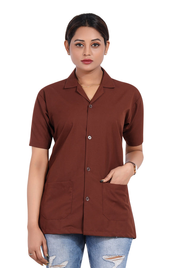 Cotton Unisex Apron Lab Coat - Regular Length - Half Sleeves - Brown