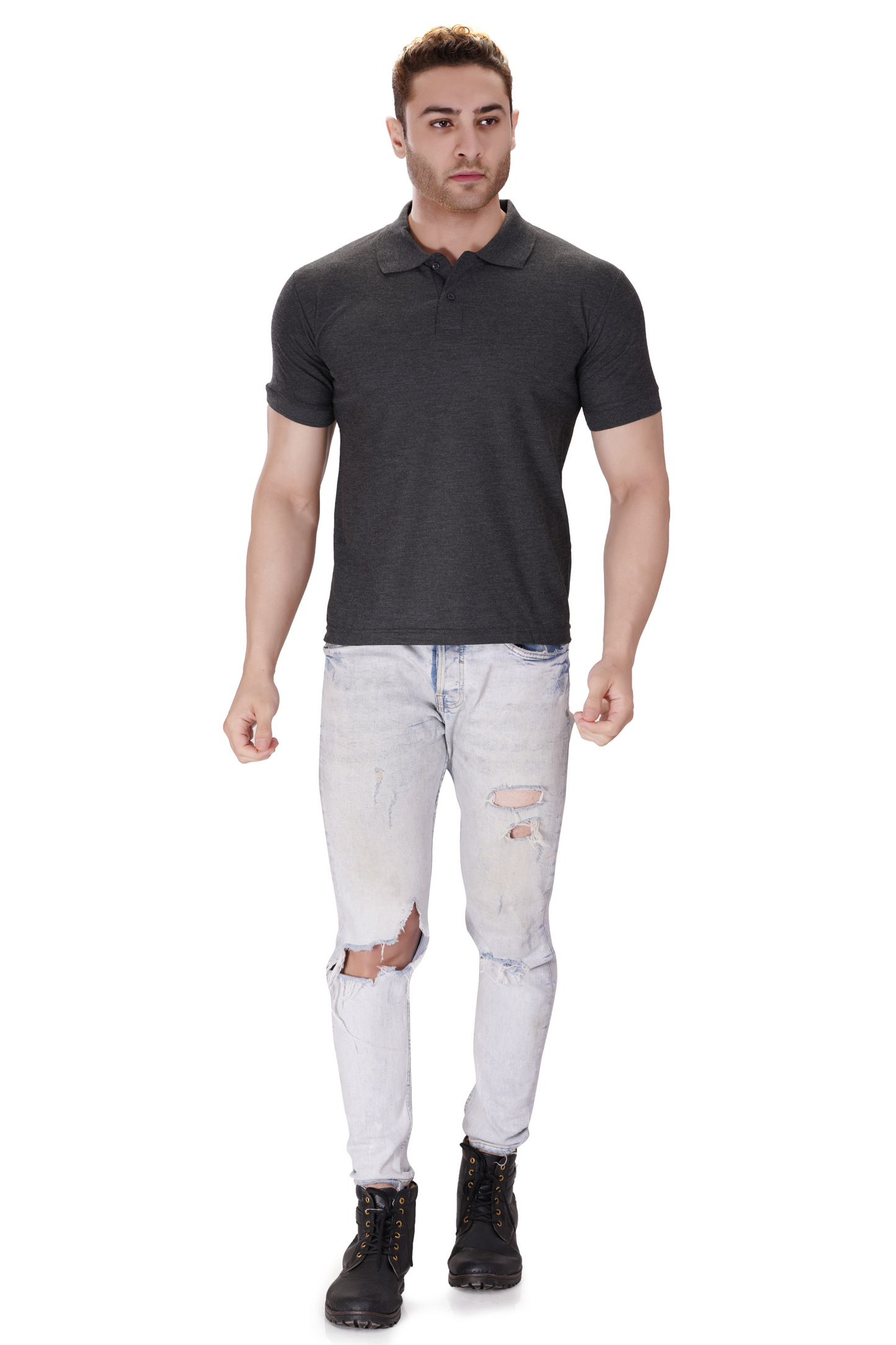 100% Cotton Men’s Half Sleeve Polo Neck T-Shirt - Charcoal Melange