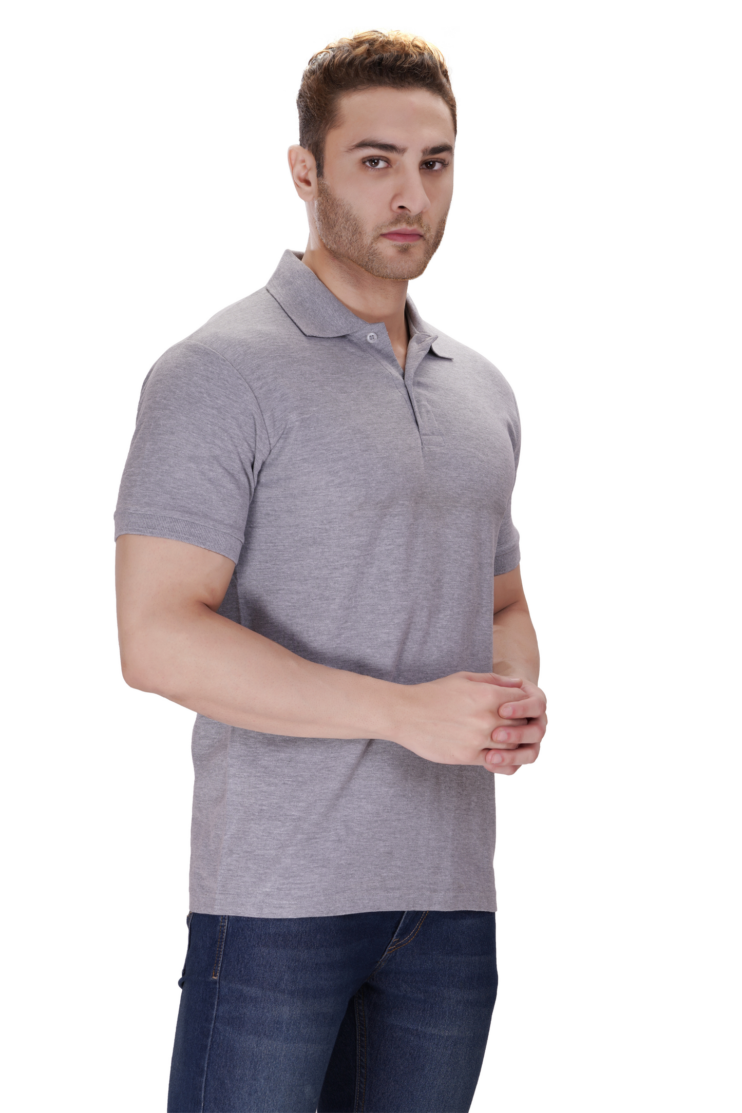 100% Cotton Men’s Half Sleeve Polo Neck T-Shirt - Grey Melange