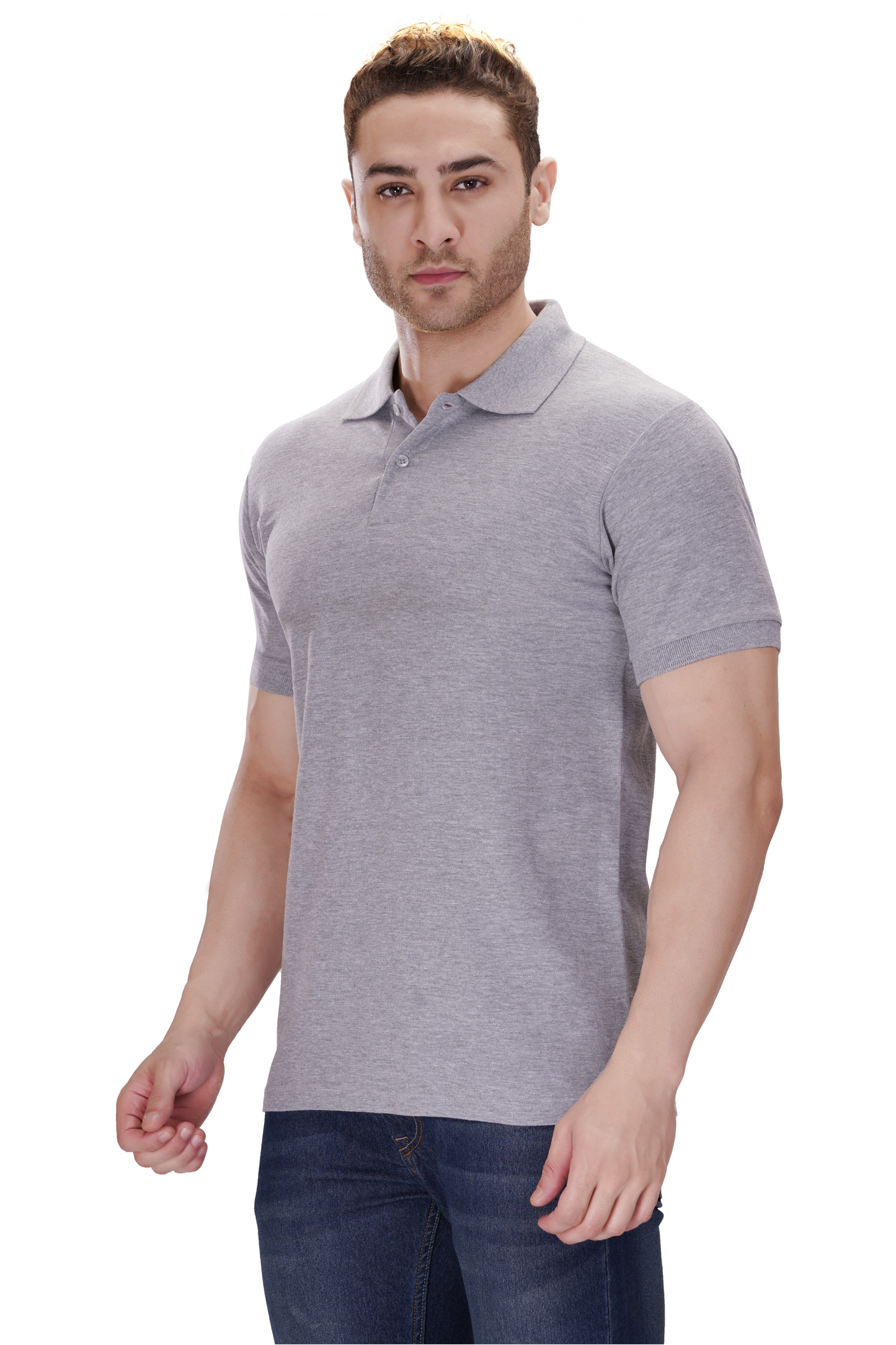 100% Cotton Men’s Half Sleeve Polo Neck T-Shirt - Grey Melange