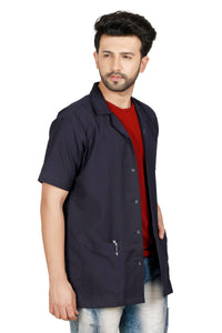 Cotton Unisex Apron Lab Coat - Regular Length - Half Sleeves - Navy Blue