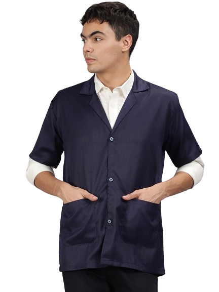 Cotton Unisex Apron Lab Coat Regular Length Half Sleeves Navy Blue