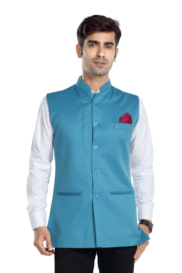 Men's Turquoise Blue TR Nehru jacket – front view