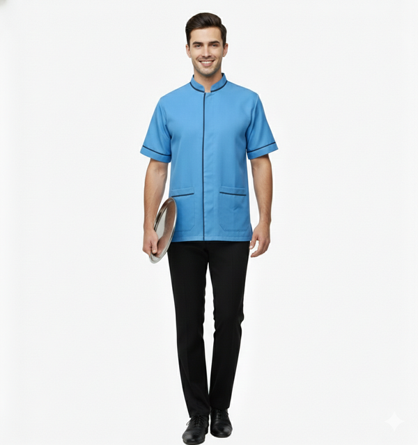 Half Sleeve Waiter Uniform – Sky Blue & Navy – view 1