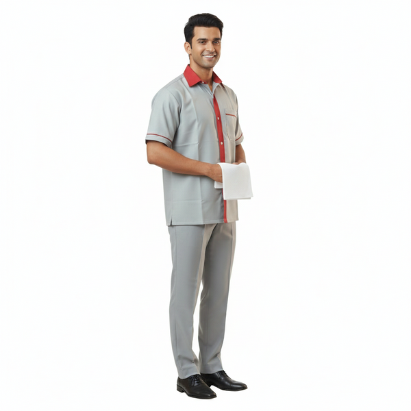 Half Sleeve Waiter Uniform – Grey & Red – view 1