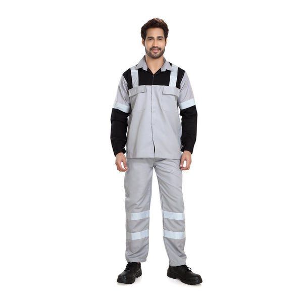 Grey and blue boiler pant shirt