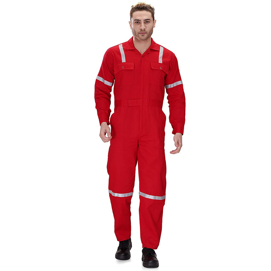 100% Cotton Hi-Visibility Industrial Coverall Boiler Suit with Grey Reflective Tape overcoat - Red - Front