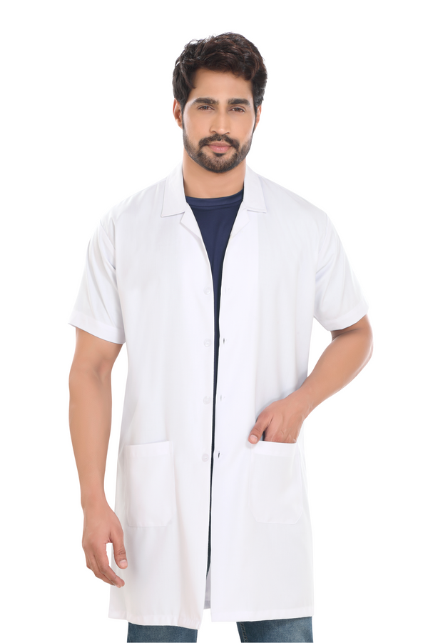 Cotton Unisex Apron Lab Coat - Knee Length - Half Sleeves - White