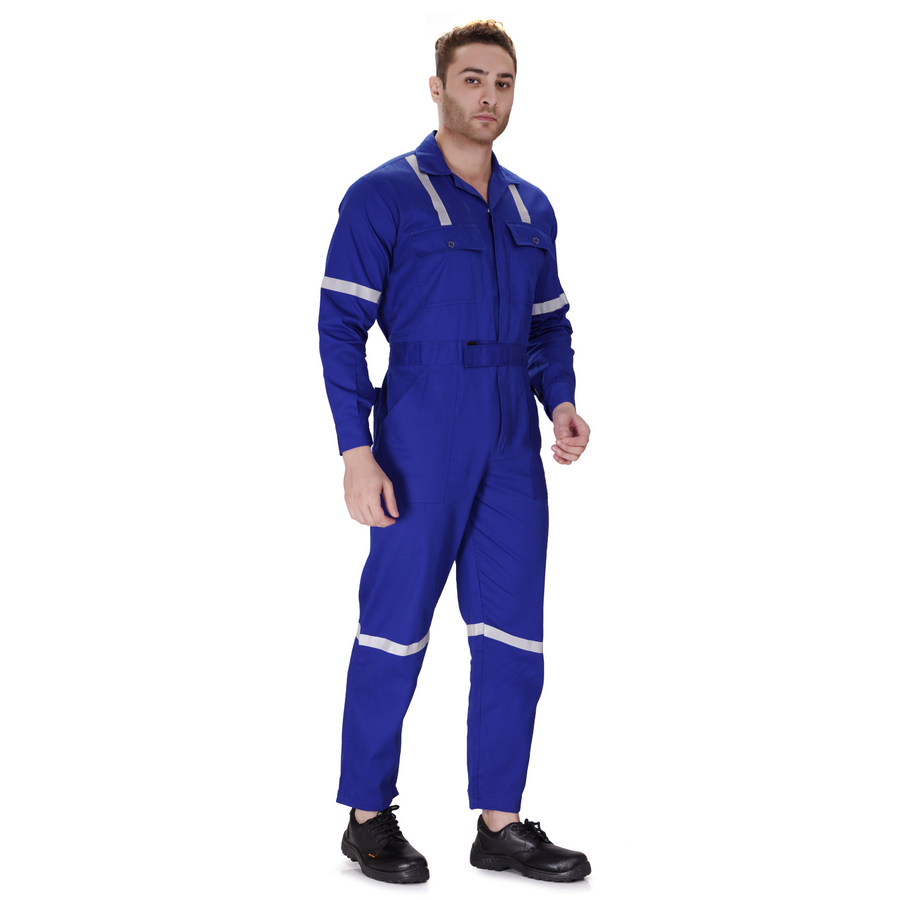 100% Cotton Hi-Visibility Industrial Coverall Boiler Suit with Grey Reflective Tape overcoat - Royal Blue - Left Sleeve