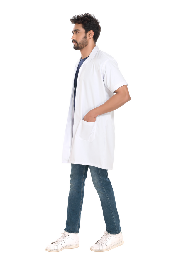 Cotton Unisex Apron Lab Coat - Knee Length - Half Sleeves - White