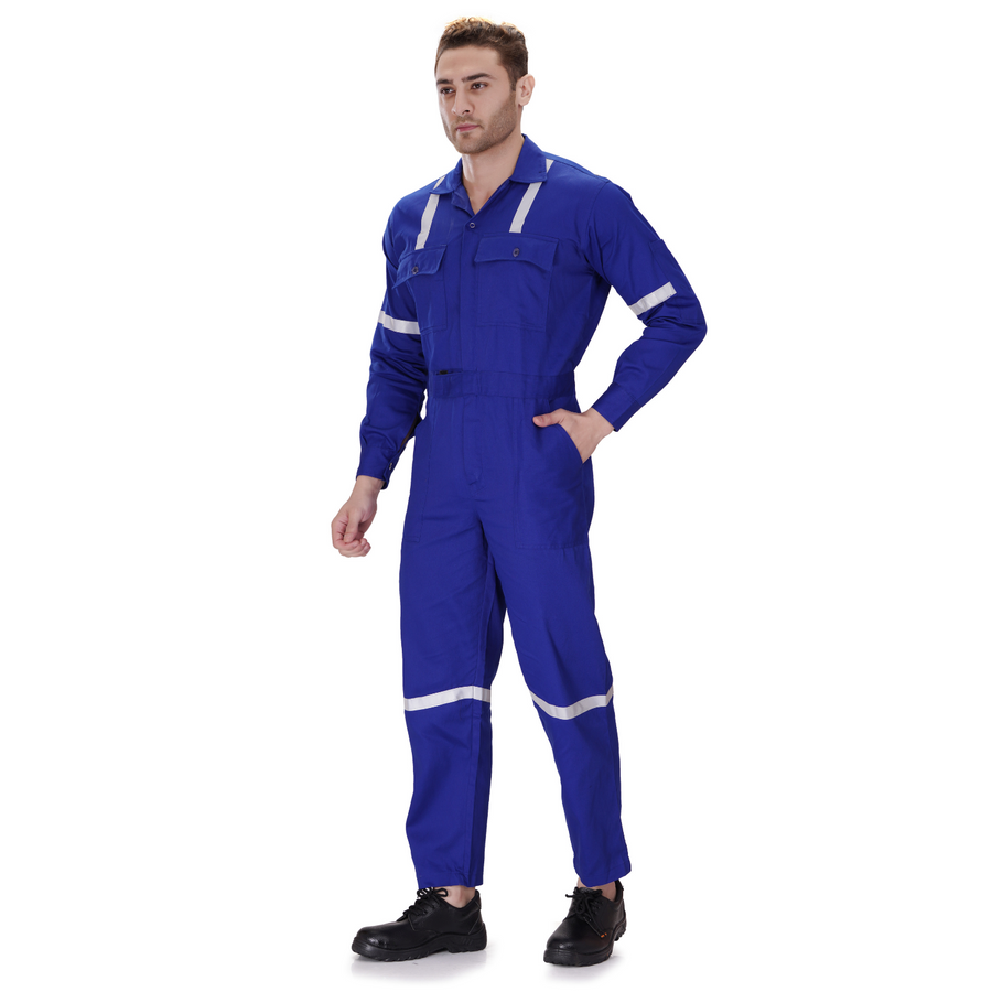 100% Cotton Hi-Visibility Industrial Coverall Boiler Suit with Grey Reflective Tape overcoat - Royal Blue - Left Sleeve