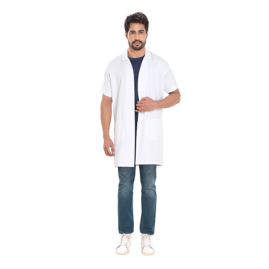 Cotton Unisex Apron Lab Coat - Knee Length - Half Sleeves - White - Left Sleeve