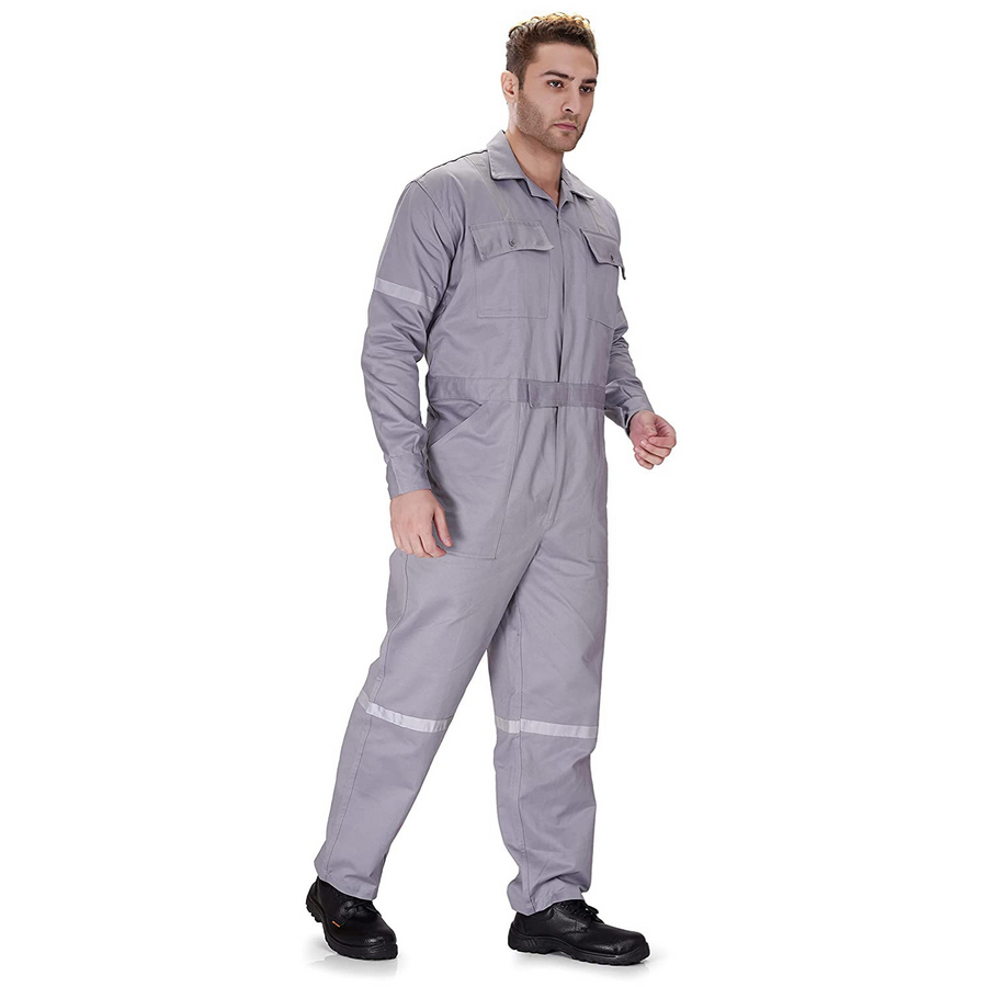100% Cotton Hi-Visibility Industrial Coverall Boiler Suit with Grey Reflective Tape overcoat - Grey - Back