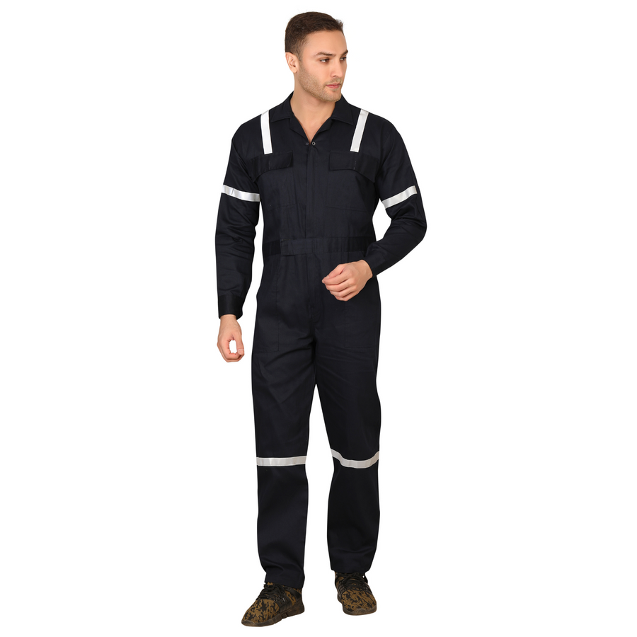 100% Cotton Hi-Visibility Industrial Coverall Boiler Suit with Grey Reflective Tape overcoat - Navy Blue - Front
