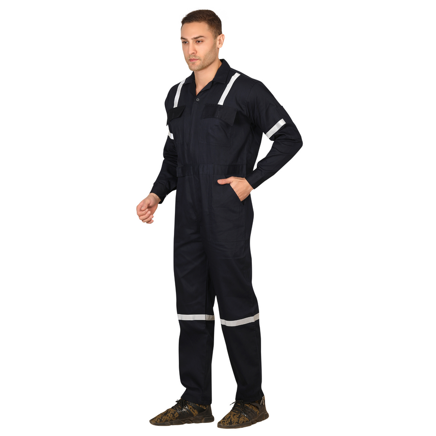 100% Cotton Hi-Visibility Industrial Coverall Boiler Suit with Grey Reflective Tape overcoat - Navy Blue - Left Sleeve