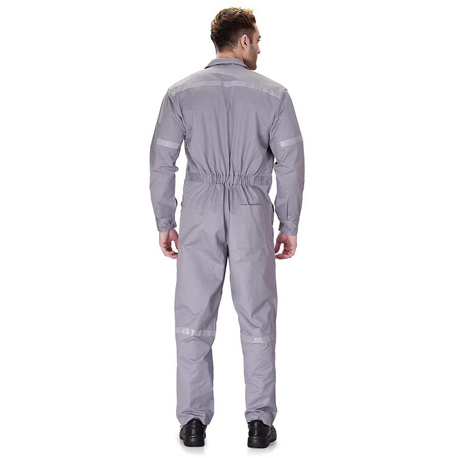 100% Cotton Hi-Visibility Industrial Coverall Boiler Suit with Grey Reflective Tape overcoat - Grey - Back
