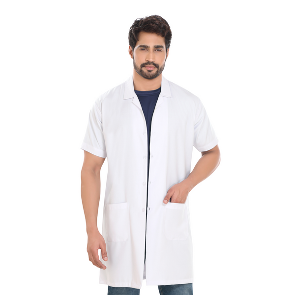 Cotton Unisex Apron Lab Coat - Knee Length - Half Sleeves - White