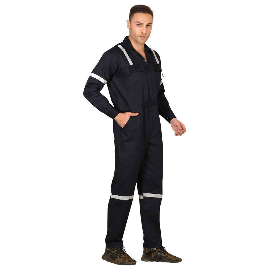100% Cotton Hi-Visibility Industrial Coverall Boiler Suit with Grey Reflective Tape overcoat - Navy Blue - Right Sleeve