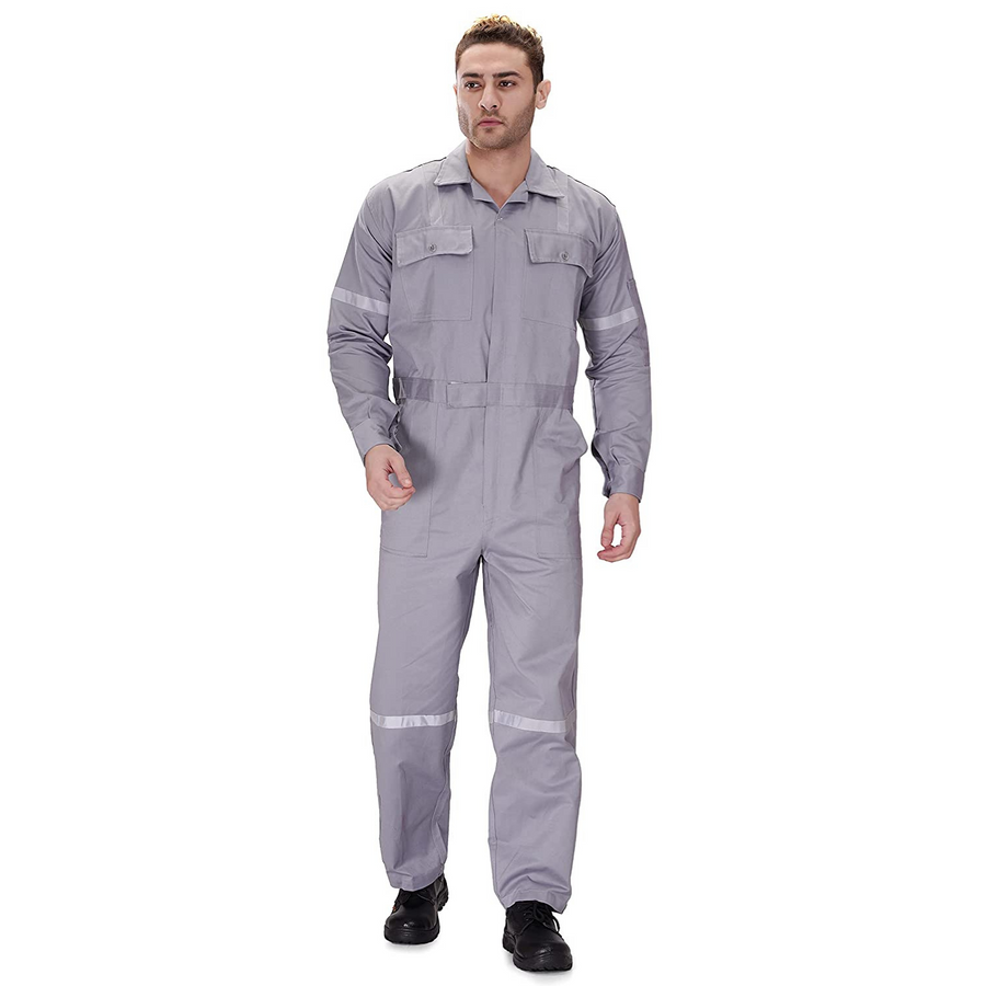 100% Cotton Hi-Visibility Industrial Coverall Boiler Suit with Grey Reflective Tape overcoat - Grey - Front