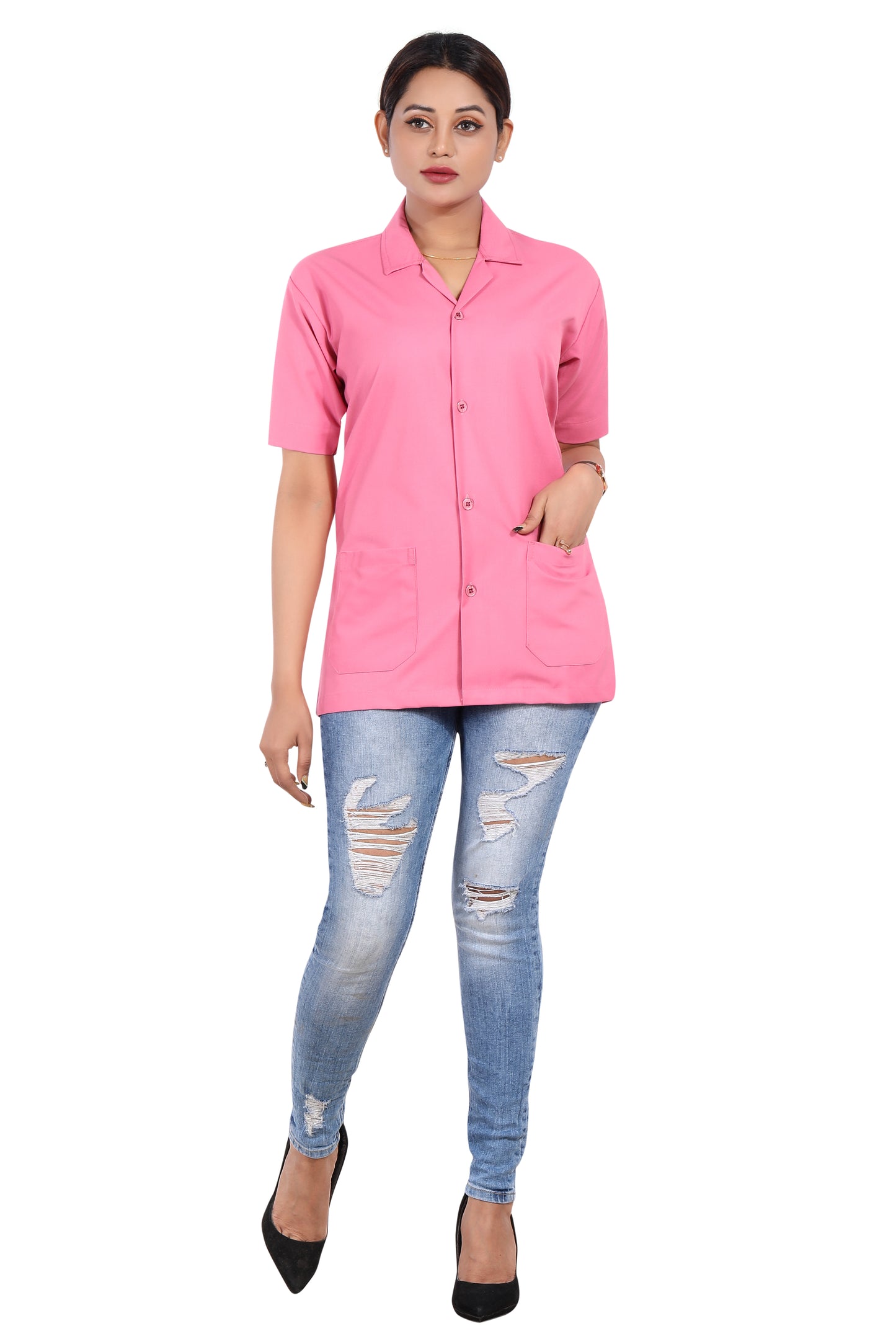 Cotton Unisex Apron Lab Coat - Regular Length - Half Sleeves - Pink