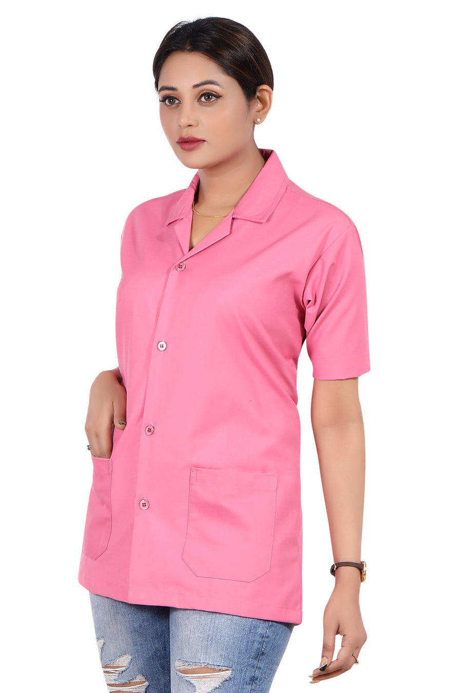Cotton Unisex Apron Lab Coat - Regular Length - Half Sleeves - Pink - Left Sleeve