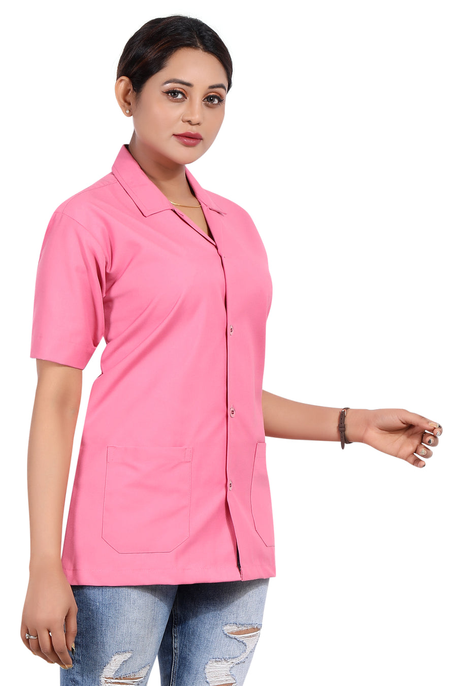Cotton Unisex Apron Lab Coat - Regular Length - Half Sleeves - Pink - Right Sleeve