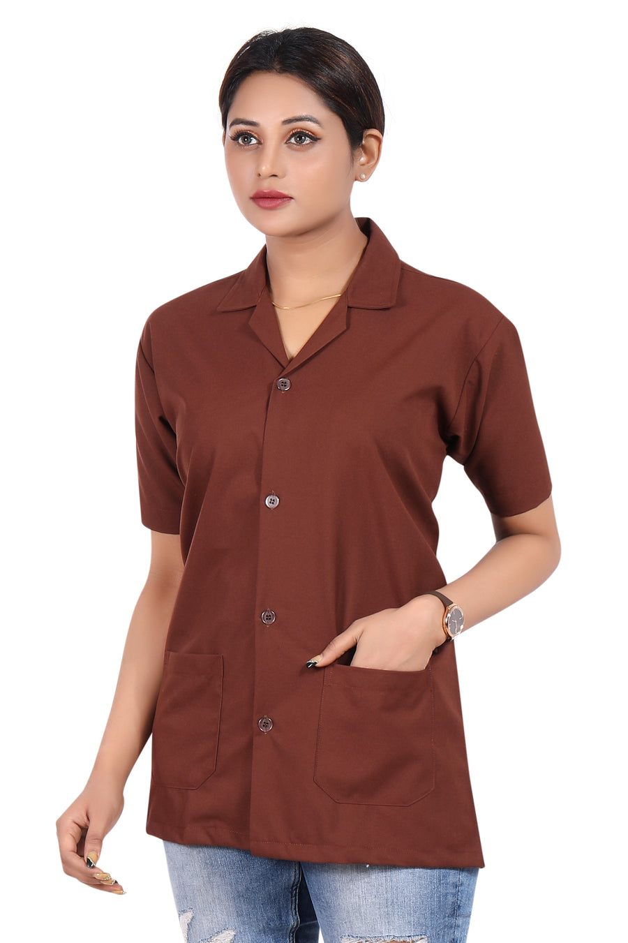 Cotton Unisex Apron Lab Coat - Regular Length - Half Sleeves - Brown - Left Sleeve