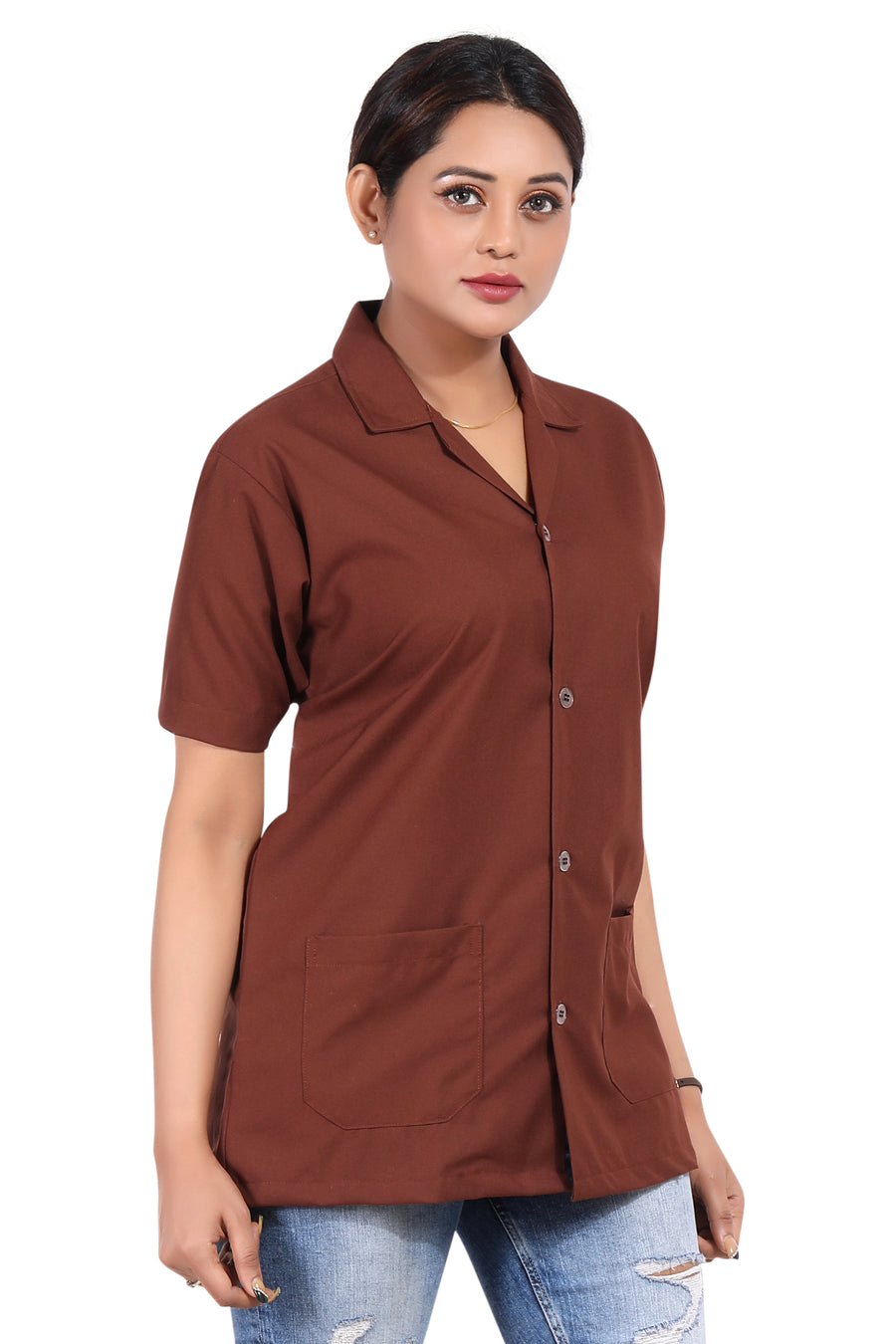 Cotton Unisex Apron Lab Coat - Regular Length - Half Sleeves - Brown - Right Sleeve