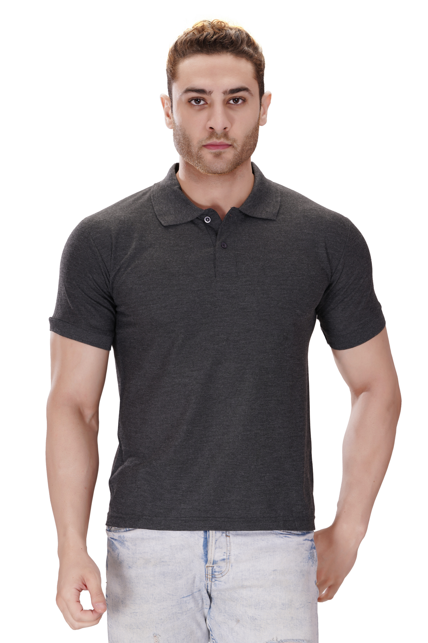 100% Cotton Men’s Half Sleeve Polo Neck T-Shirt - Charcoal Melange