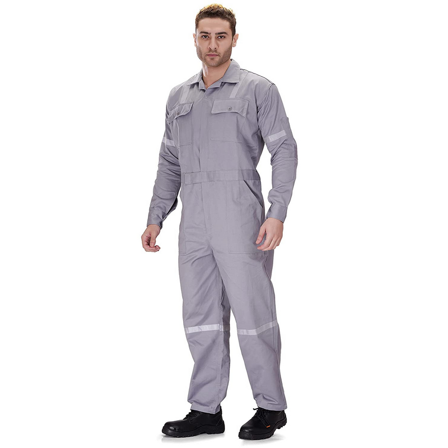 100% Cotton Hi-Visibility Industrial Coverall Boiler Suit with Grey Reflective Tape overcoat - Grey - Right Sleeve