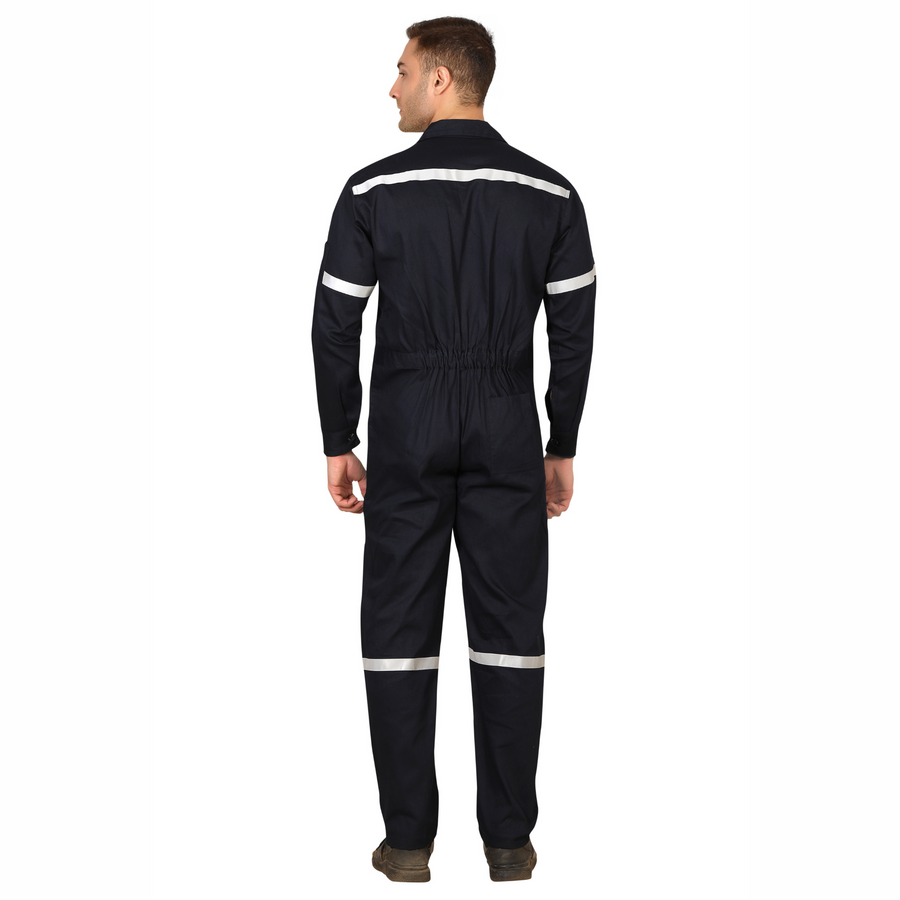 100% Cotton Hi-Visibility Industrial Coverall Boiler Suit with Grey Reflective Tape overcoat - Navy Blue - Back