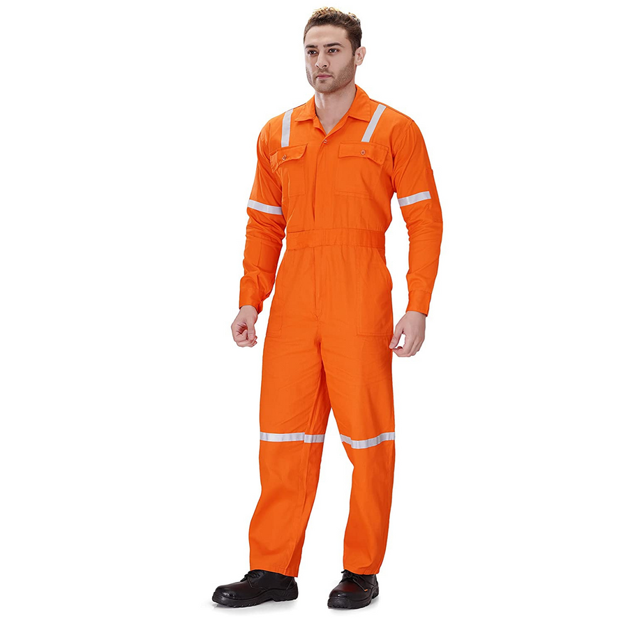 100% Cotton Hi-Visibility Industrial Coverall Boiler Suit with Grey Reflective Tape overcoat - Orange - Left Sleeve
