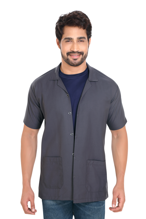 Cotton Unisex Apron Lab Coat - Regular Length - Half Sleeves - Grey