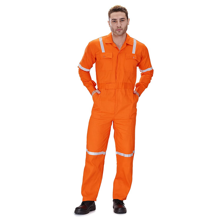 100% Cotton Hi-Visibility Industrial Coverall Boiler Suit with Grey Reflective Tape overcoat - Orange - Front