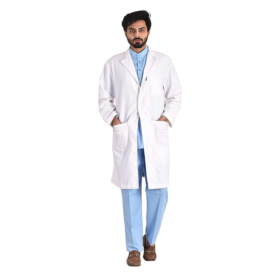 Cotton Unisex Apron Lab Coat - Knee Length - Full Sleeves - White - Front