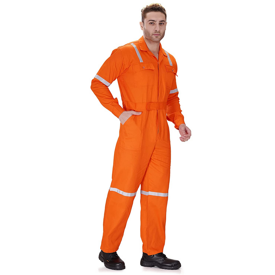 100% Cotton Hi-Visibility Industrial Coverall Boiler Suit with Grey Reflective Tape overcoat - Orange - Right Sleeve