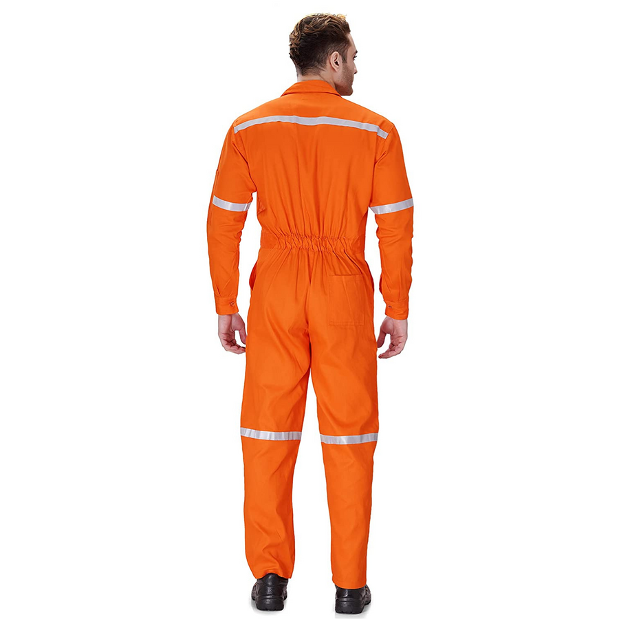 100% Cotton Hi-Visibility Industrial Coverall Boiler Suit with Grey Reflective Tape overcoat - Orange - Back
