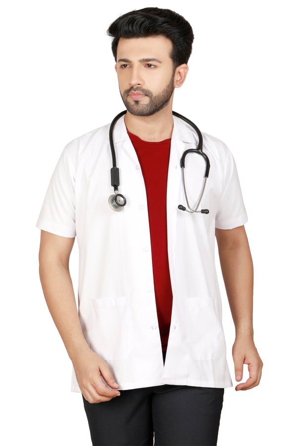 Cotton Unisex Apron Lab Coat - Regular Length - Half Sleeves - White