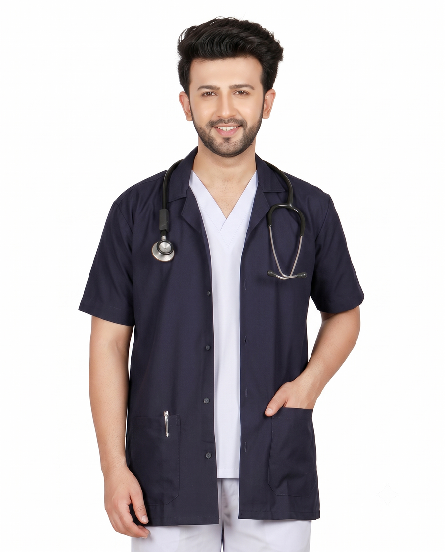 Apron Lab Coat – Unisex Regular Length, Half Sleeves – Navy Blue - Front