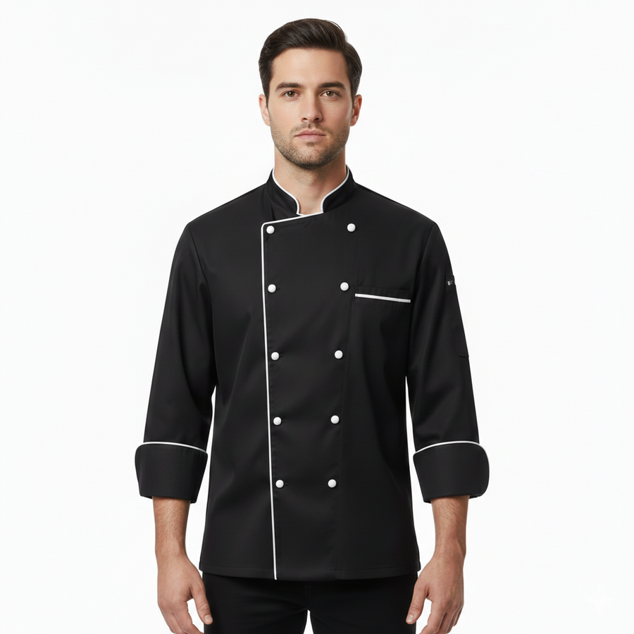 Chef Coat - Black (White) - Front