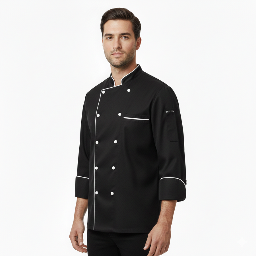 Chef Coat - Black (White) - Left Sleeve