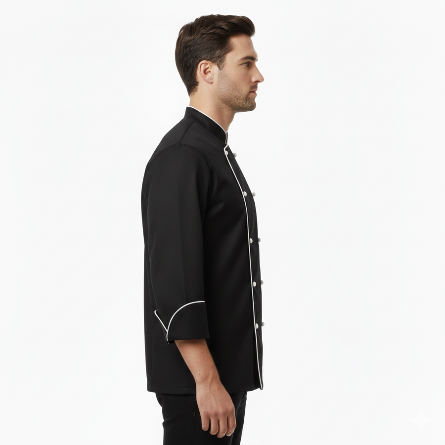 Chef Coat - Black (White) - Right Sleeve
